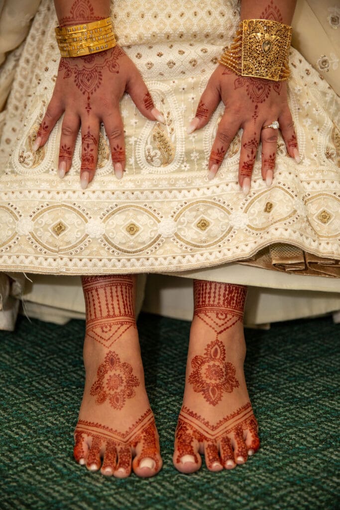 Brooklyn Nikkah Elopement. Close up of bride's full jewelry and henna before the ceremony.