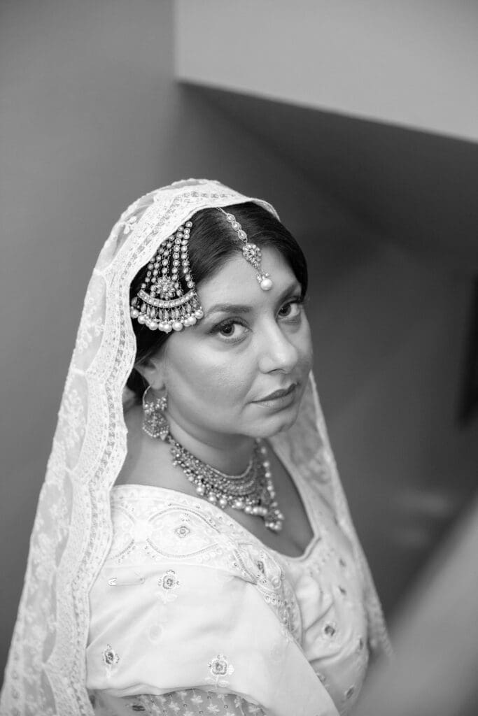 Brooklyn Nikkah Elopement. Portrait of bride before the ceremony in her full jewelry.
