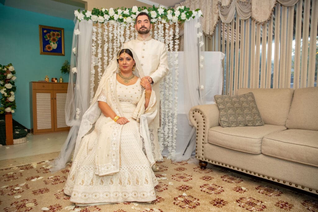 Brooklyn Nikkah Elopement with wide shot of newlyweds posing for a portrait.