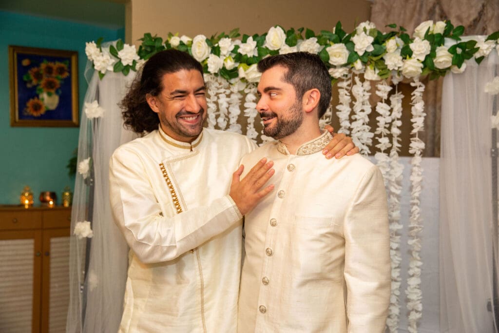 Brooklyn Nikkah Elopement with groom and his best friend laughing.