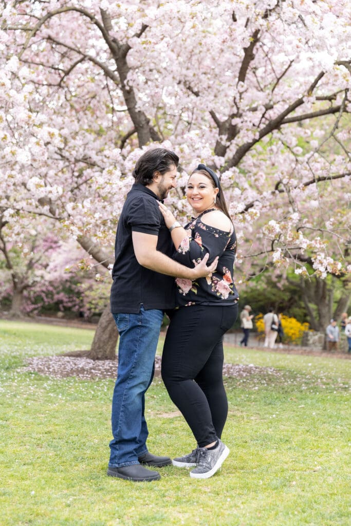 Newlywed couple take spring anniversary photos with the cherry blossoms at the Brooklyn Botanic Garden in Brooklyn, NY.