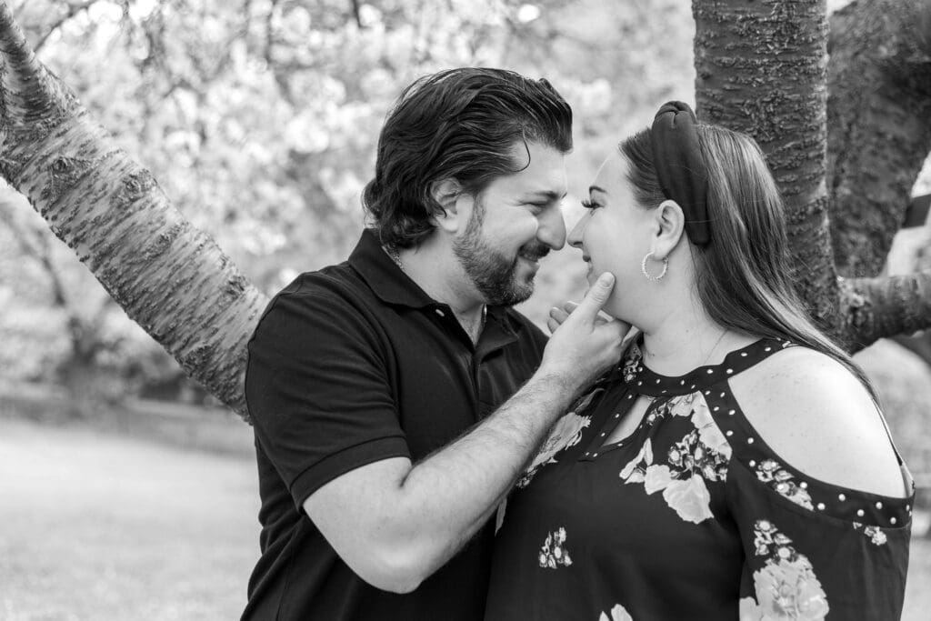 Newlywed couple take spring anniversary photos with the cherry blossoms at the Brooklyn Botanic Garden in Brooklyn, NY.