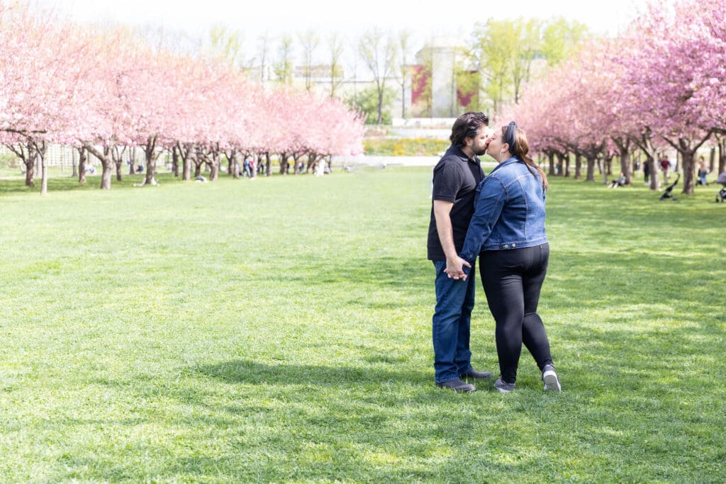 Newlywed couple take spring anniversary photos with the cherry blossoms at the Brooklyn Botanic Garden in Brooklyn, NY.
