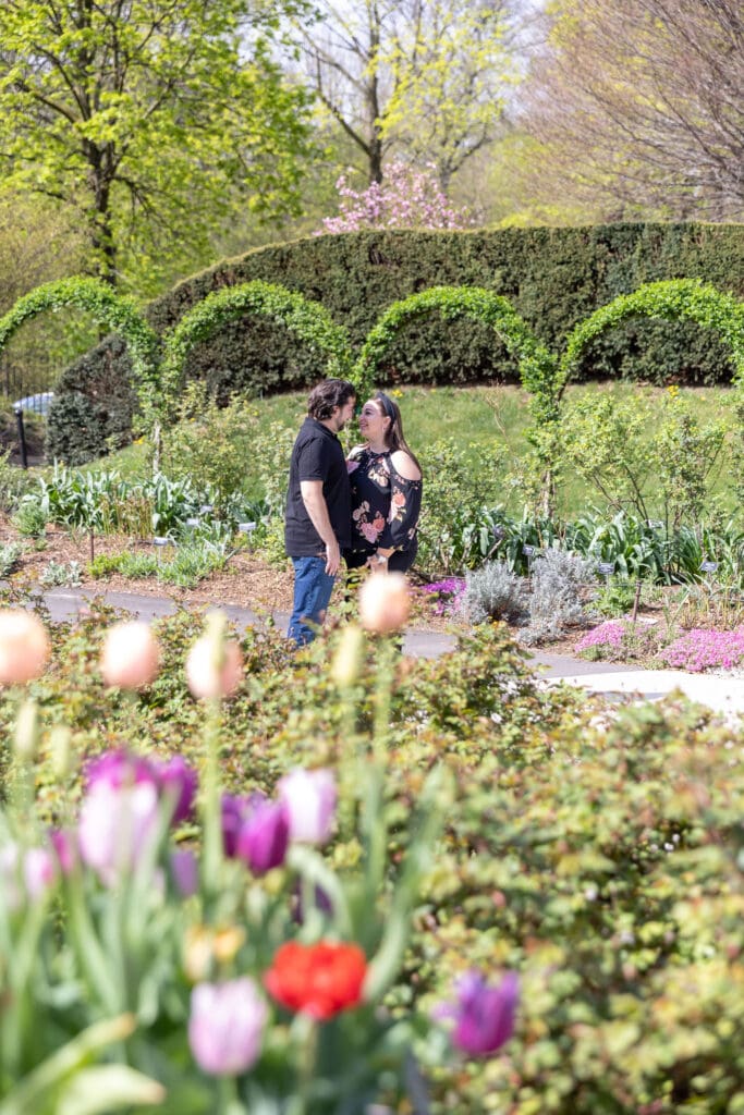 Newlywed couple take spring anniversary photos at the Brooklyn Botanic Garden in Brooklyn, NY.