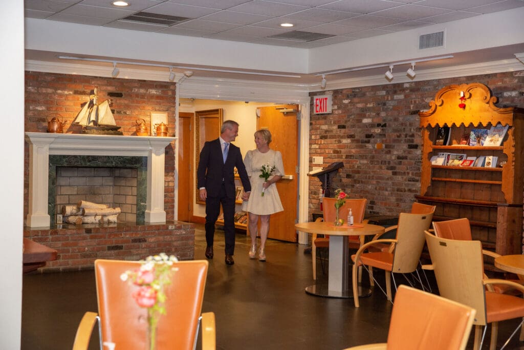 NYC Elopement at the Norwegian Seamen's Church. Bride and Groom enter ceremony.