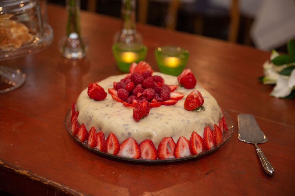 NYC Elopement at the Norwegian Seamen's Church. Close up of Strawberry cake.